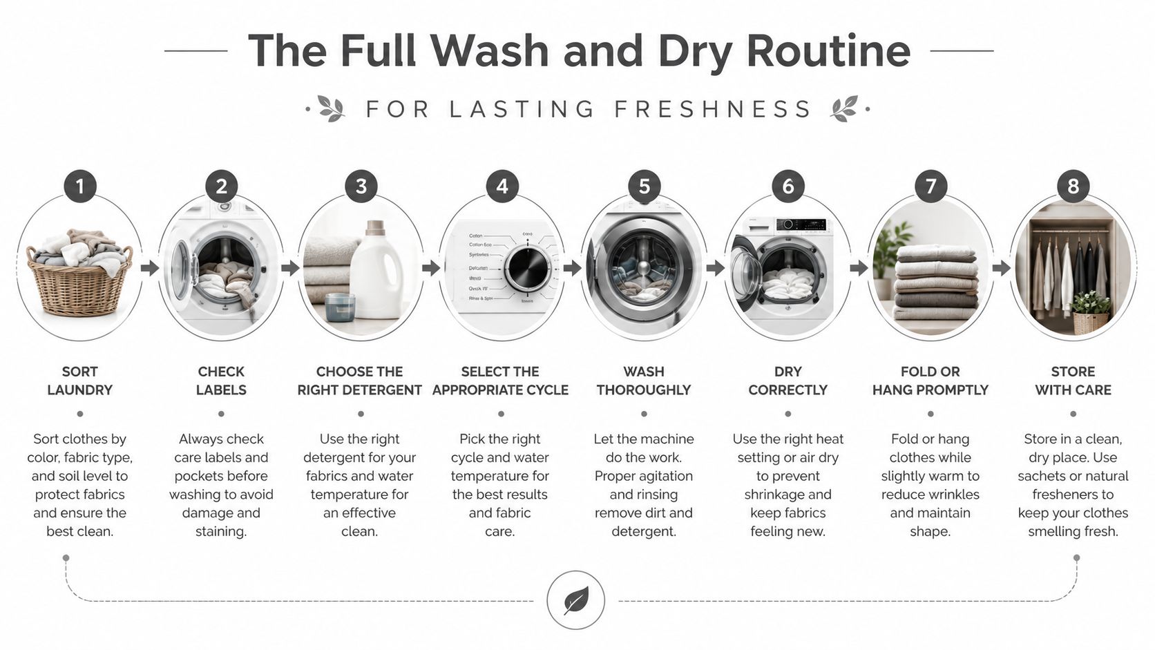An eight-step instructional infographic showing the complete process of washing and drying clothes to maintain freshness.