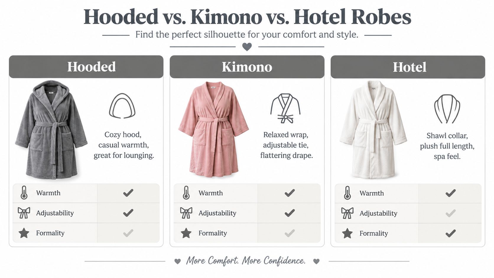 A comparison chart showing features of hooded, kimono, and hotel robes including warmth, adjustability, and formality.