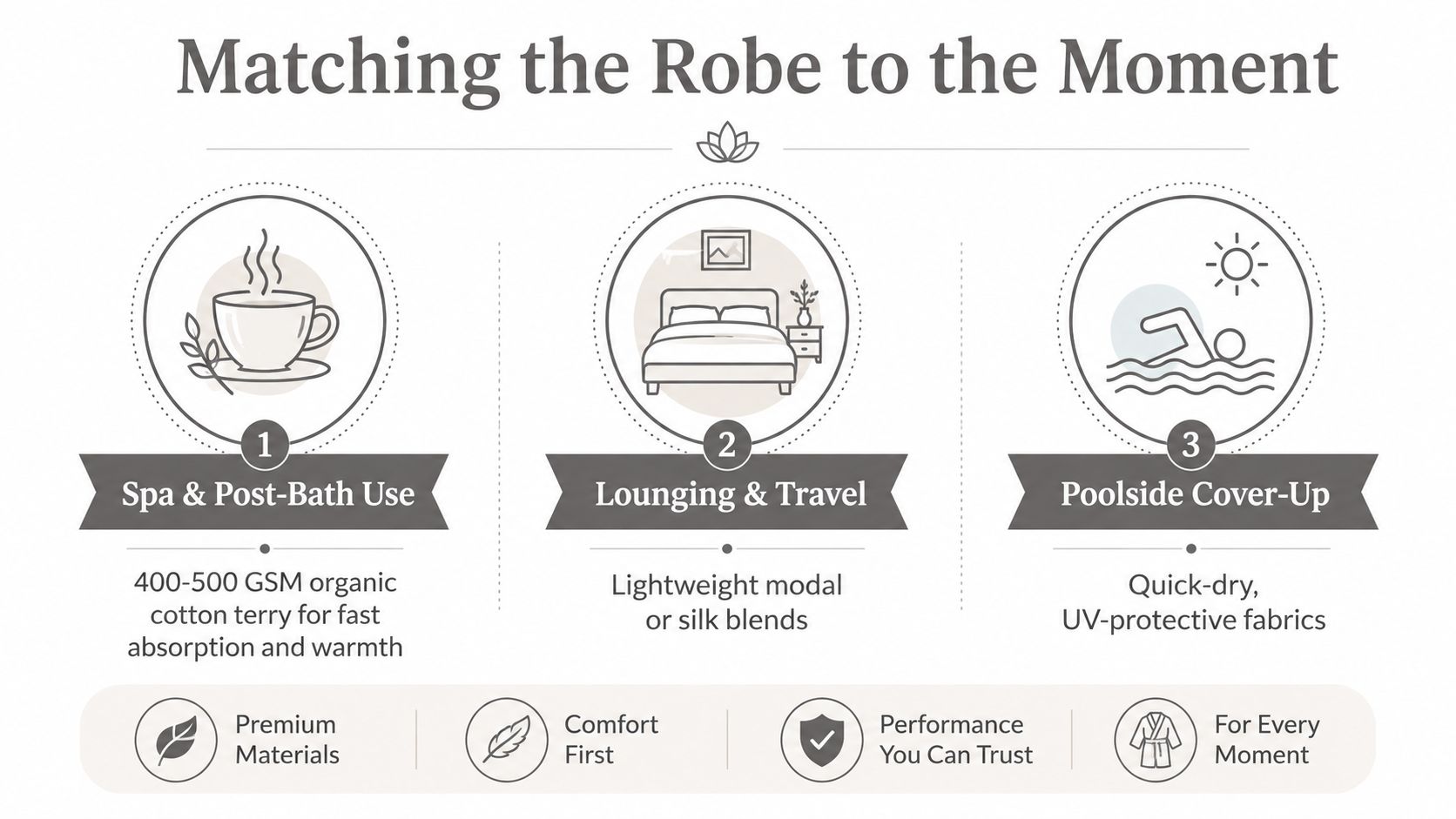An infographic showing three scenarios for selecting the perfect bathrobe: spa, lounging, and poolside use.