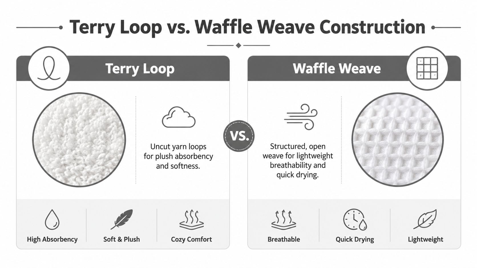 A comparison chart showing the differences between terry loop fabric and waffle weave fabric construction.