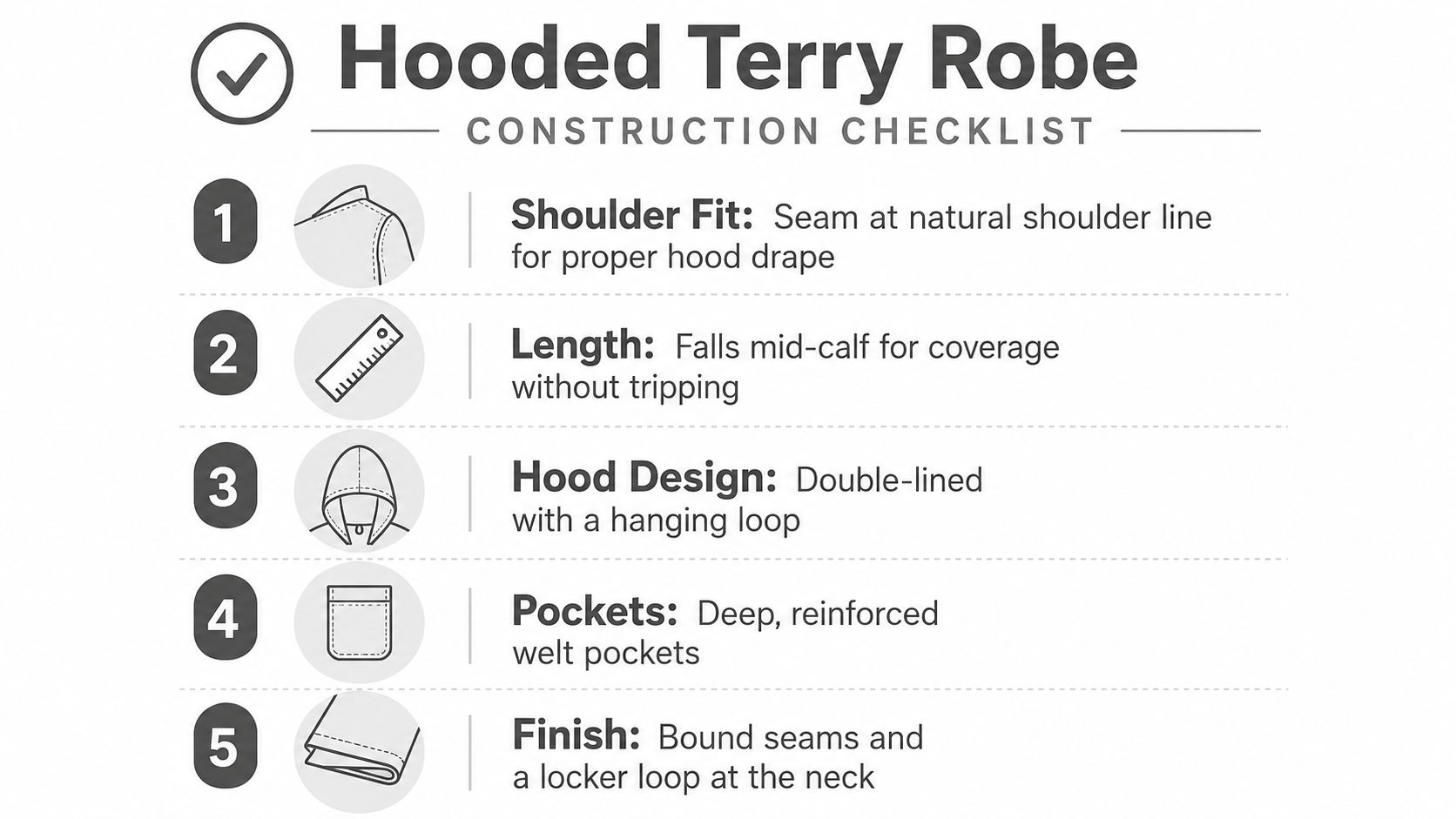 A construction checklist detailing the quality specifications for a hooded terry cloth robe including design features.
