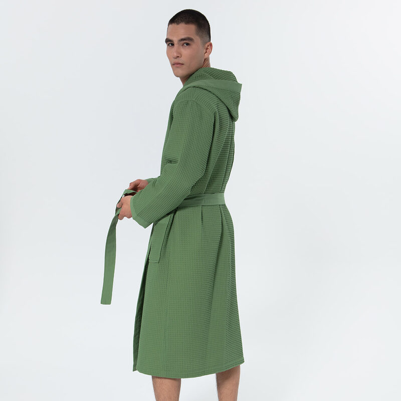 Men's Green Hooded Turkish Cotton Waffle Robe