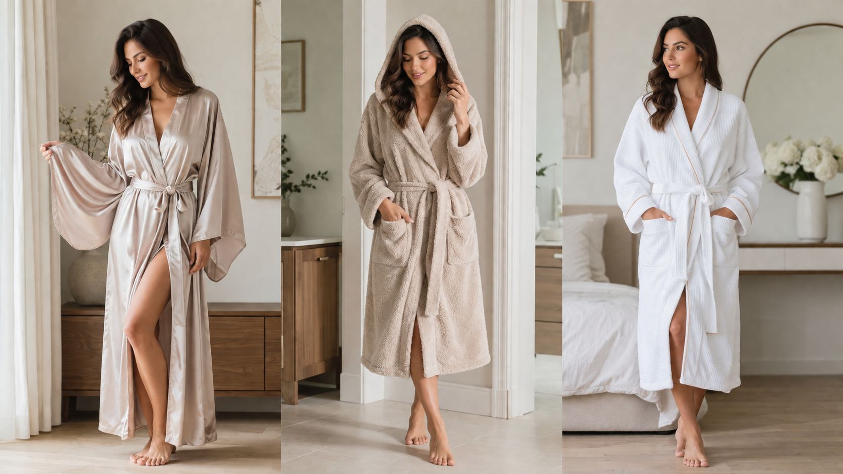 A collage showing a woman wearing three different styles of comfortable and elegant women's bathrobes.