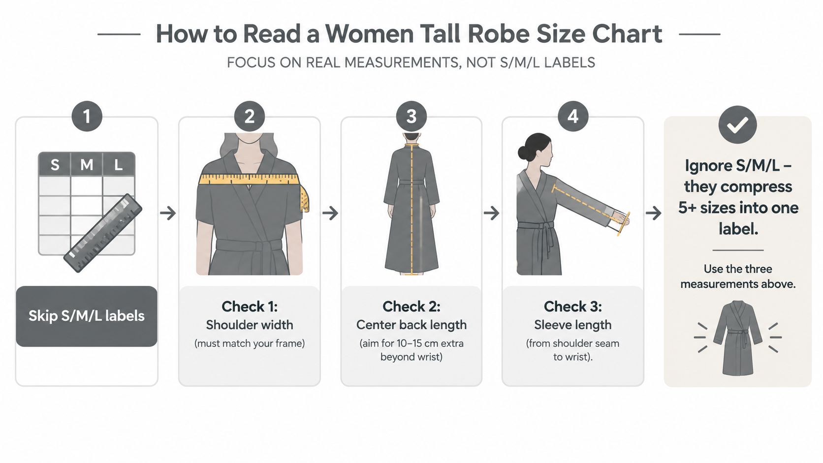 An infographic showing four steps to properly measure for women tall robes, emphasizing real body measurements.