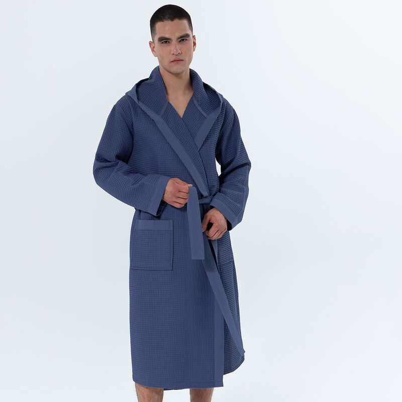 Men's Lavender Blue Hooded Turkish Cotton Waffle Robe