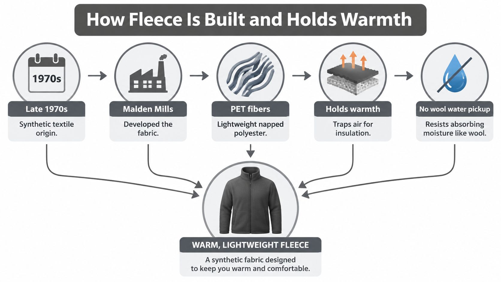 An infographic detailing the historical development, materials, and thermal properties of synthetic fleece fabric.
