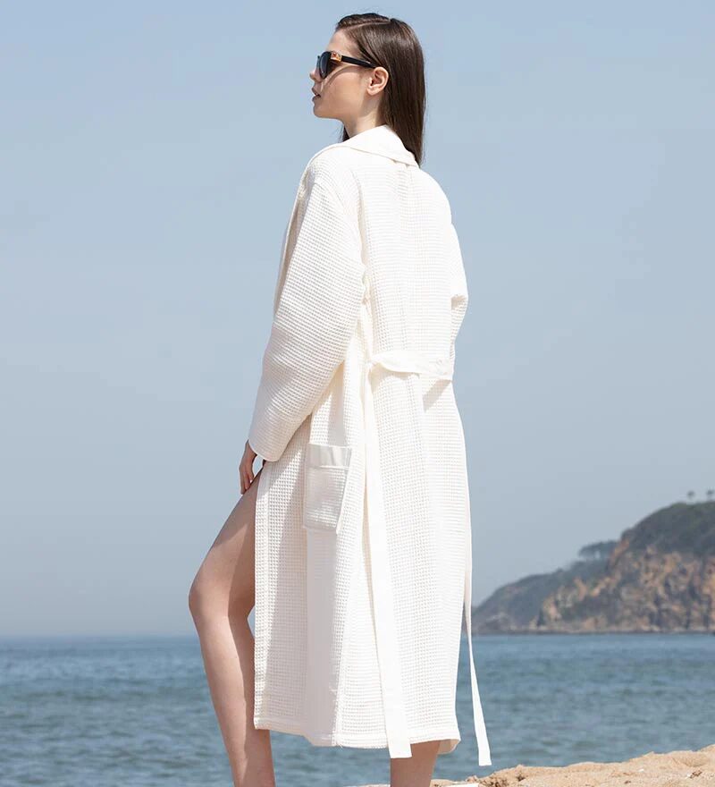 Women’s White Lightweight Waffle Spa Robe with Shawl Collar - Clearance Sale