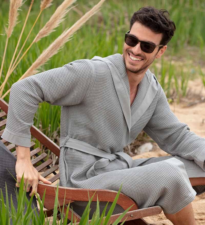 Men's Gray Hooded Turkish Cotton Waffle Robe