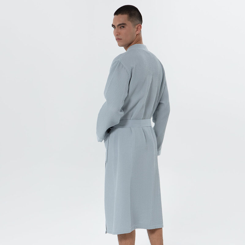 Men's Blue Gray Lightweight Kimono Waffle Spa Robe