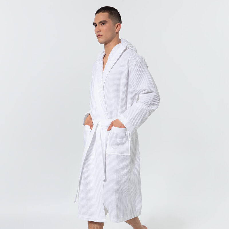 Men's White Hooded Turkish Cotton Waffle Robe