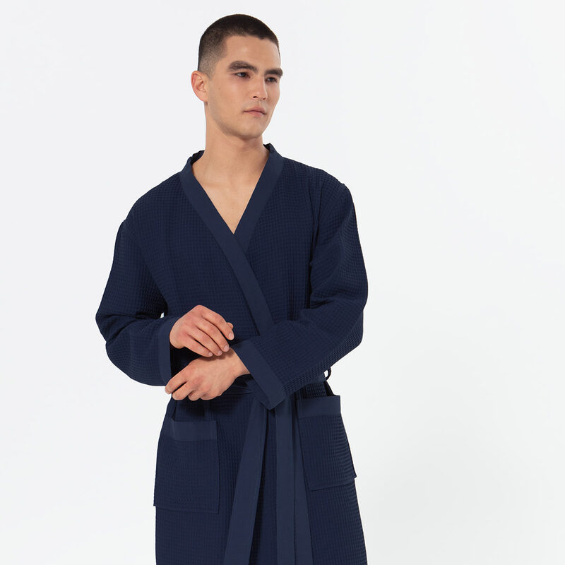 Men's Navy Lightweight Kimono Waffle Spa Robe