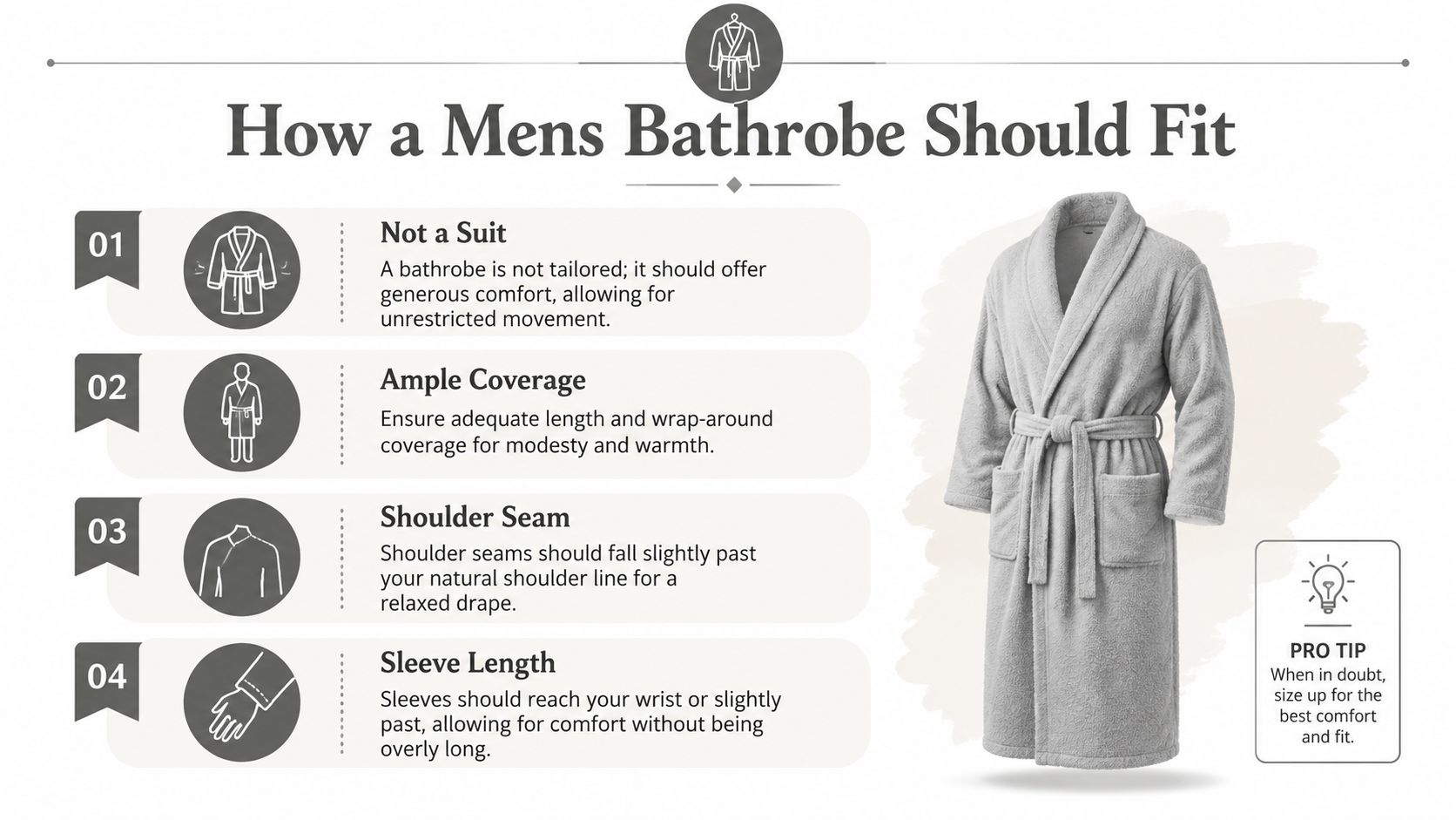 An infographic detailing four key tips for finding the perfect fit for a men's bathrobe.