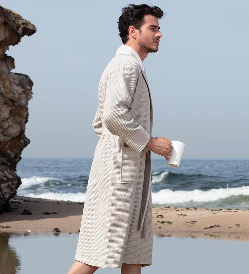Men’s Beige Lightweight Waffle Spa Robe with Shawl Collar