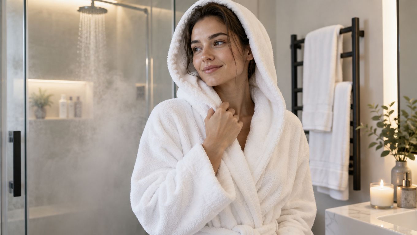 A woman wearing a soft white hooded spa bathrobe in a modern and relaxing bathroom setting.