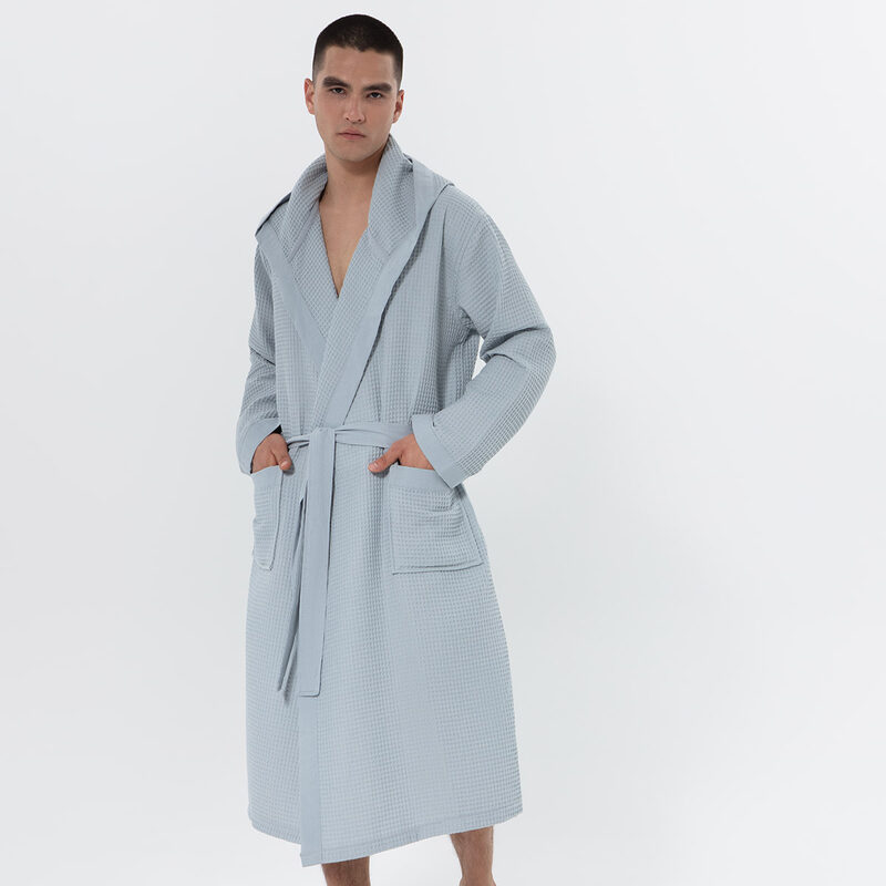 Men's Blue Gray Hooded Turkish Cotton Waffle Robe