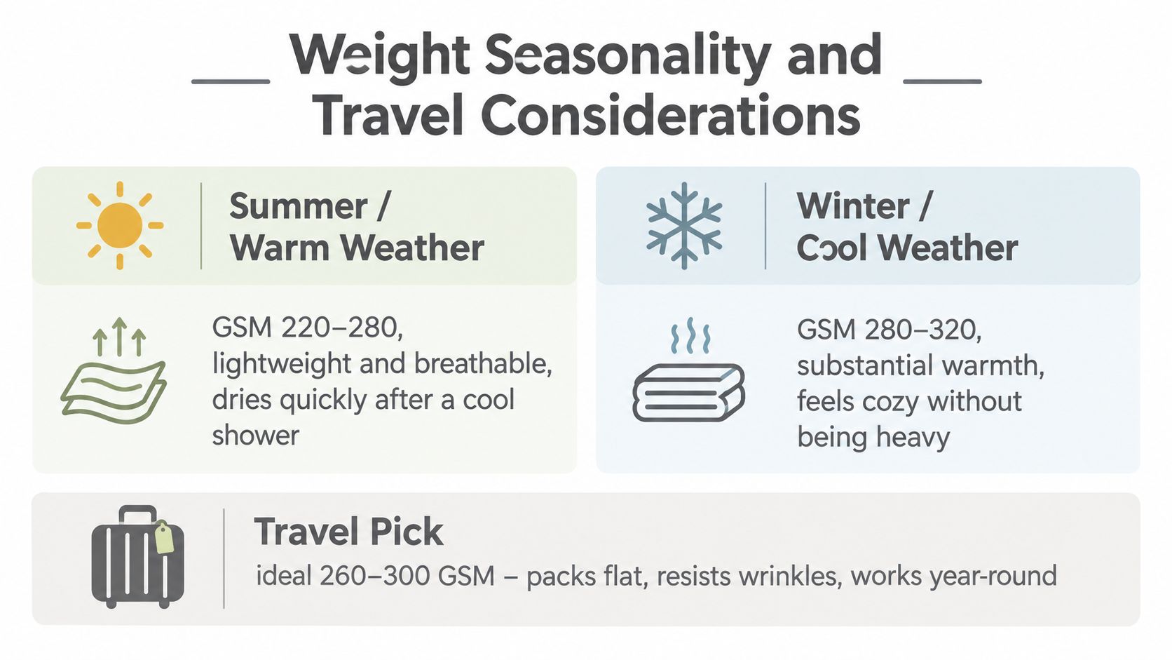 An infographic showing recommended fabric GSM weights for luxury waffle bathrobes based on seasons and travel.