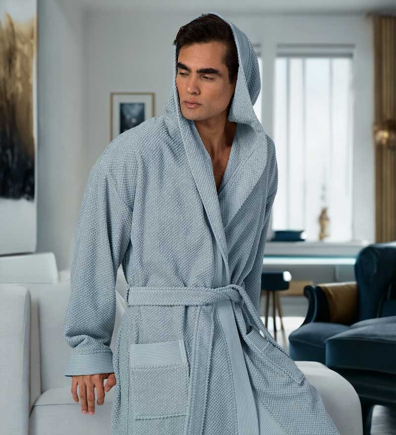 Men's Blue Gray Luxury Turkish Cotton Terry Cloth Robe with Hood