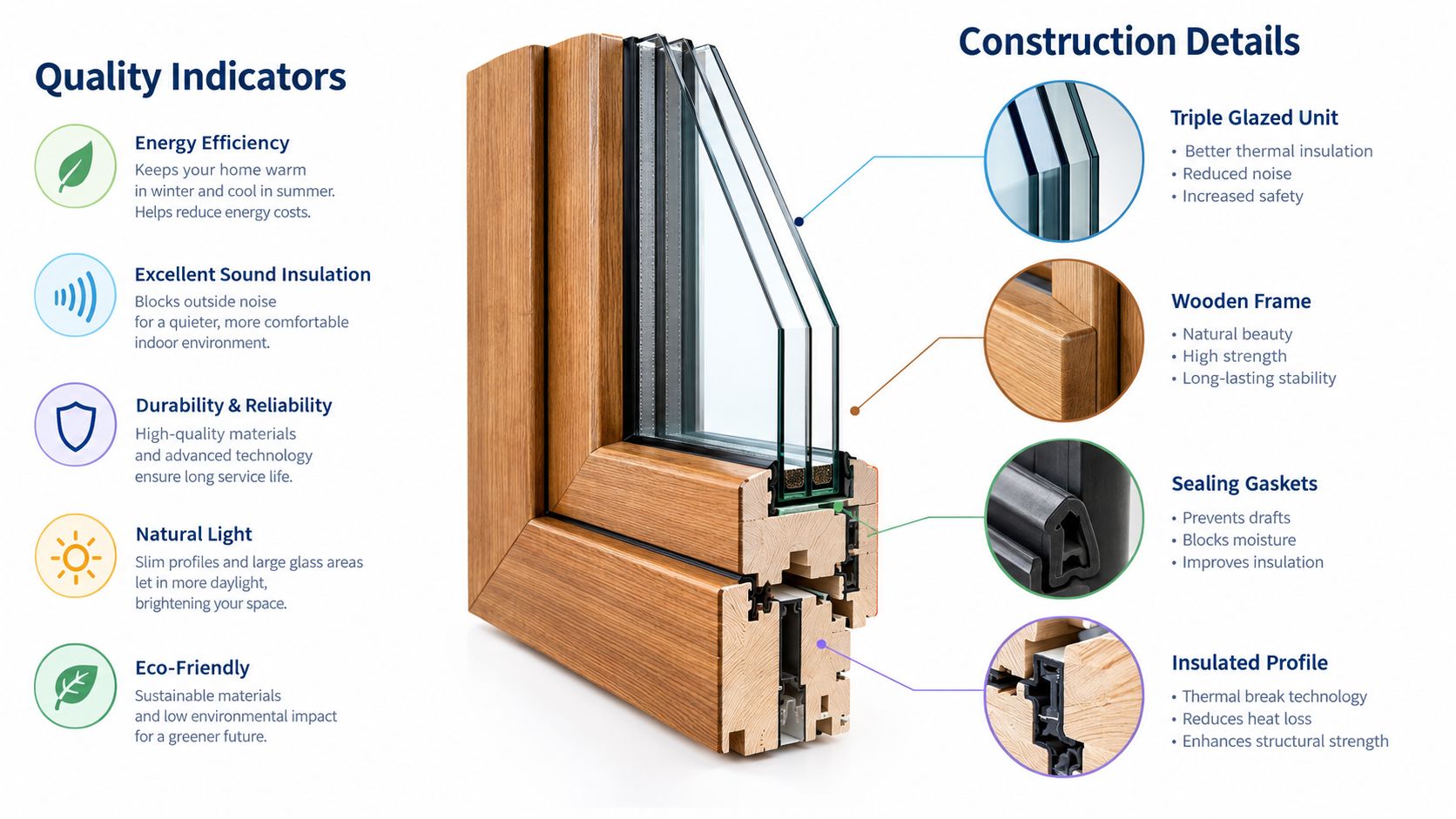 A detailed cross-section diagram of a triple-glazed wooden window highlighting its energy-efficient construction and high-quality materials.