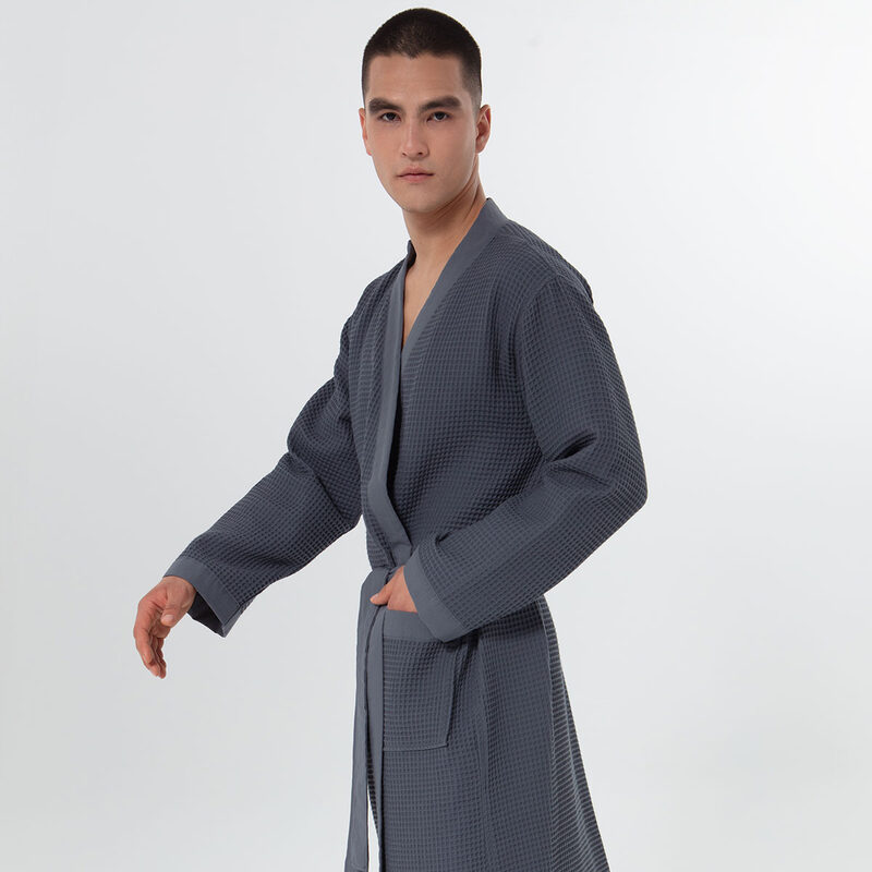 Men’s Charcoal Lightweight Kimono Waffle Spa Robe