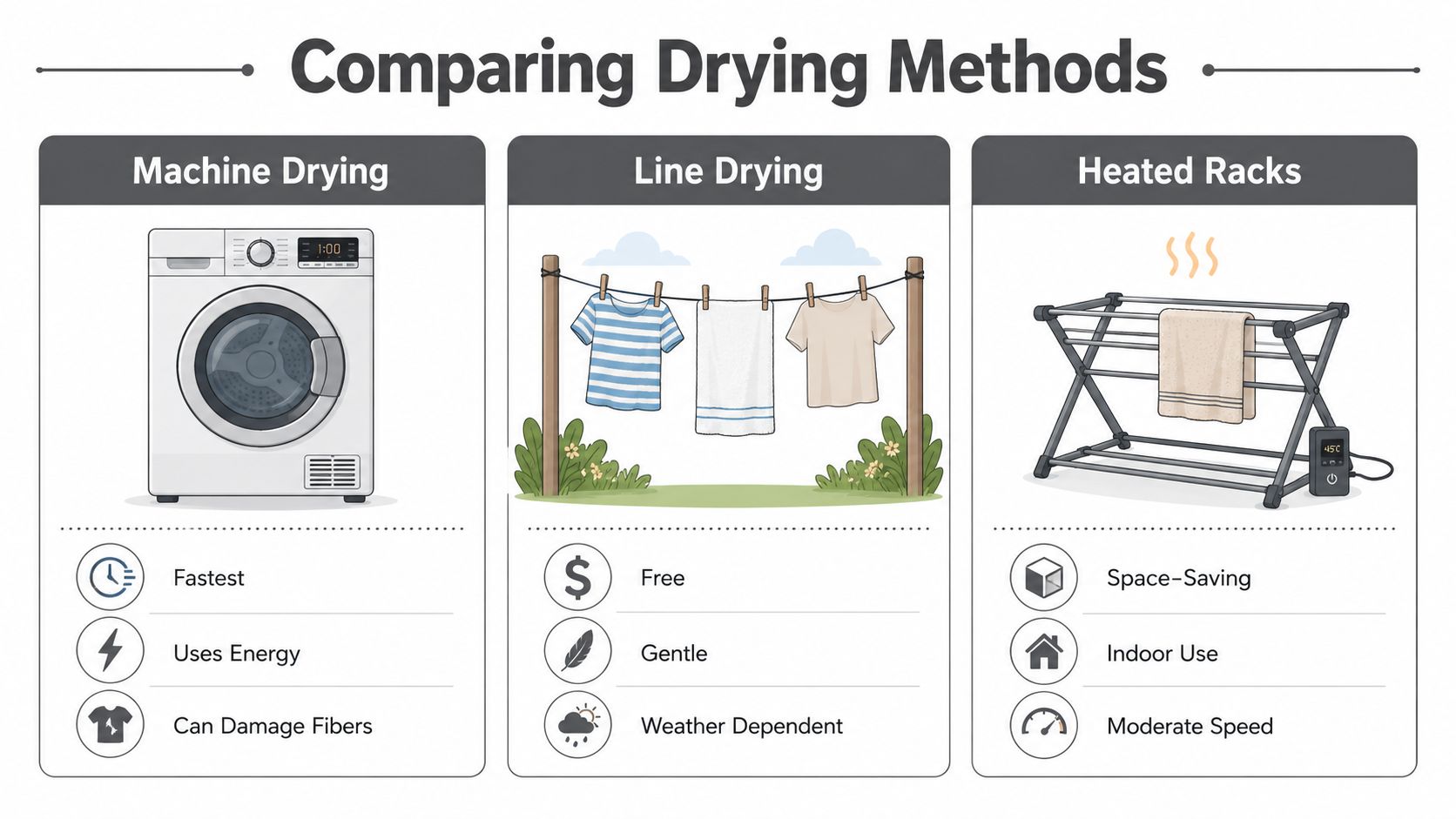 A comparison infographic showing three ways to dry laundry: machine drying, line drying, and heated racks.