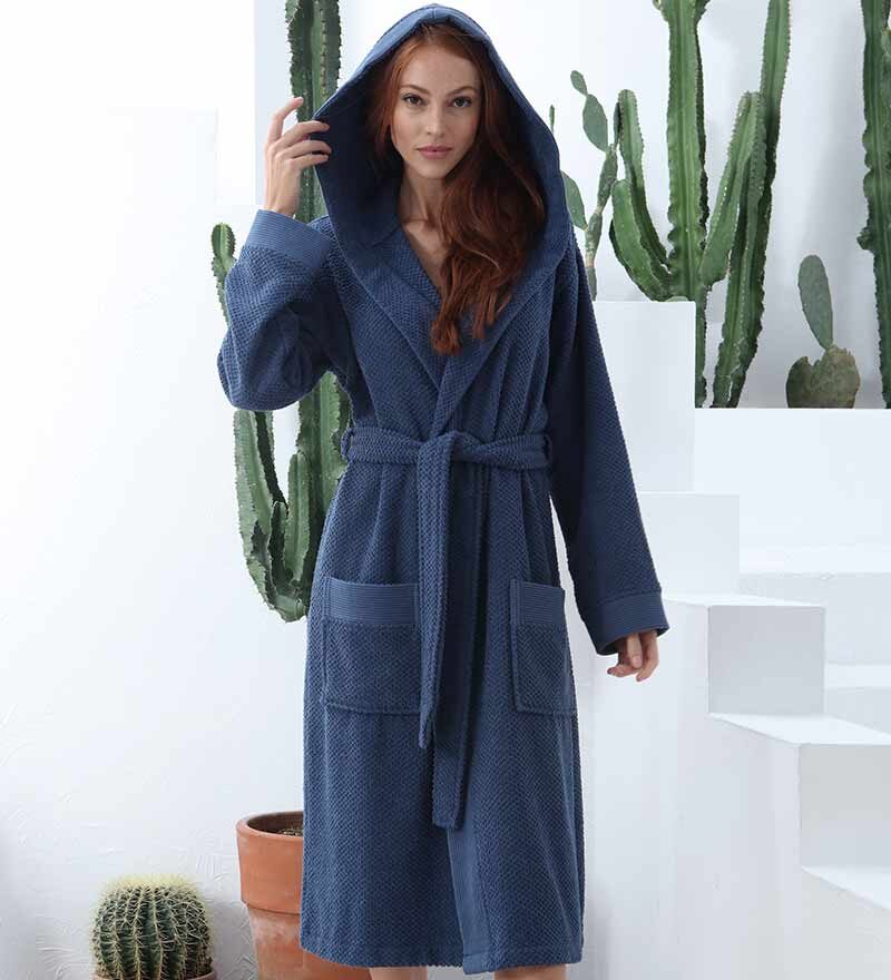 Women’s Navy Turkish Cotton Terry Hooded Robe