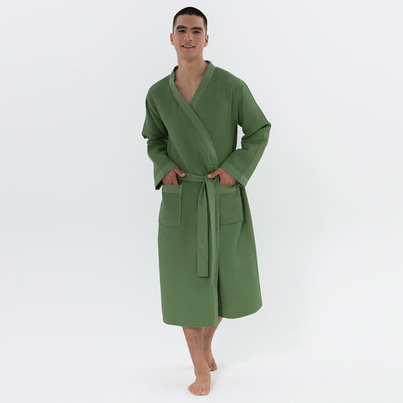 Men’s Green Lightweight Kimono Waffle Spa Robe