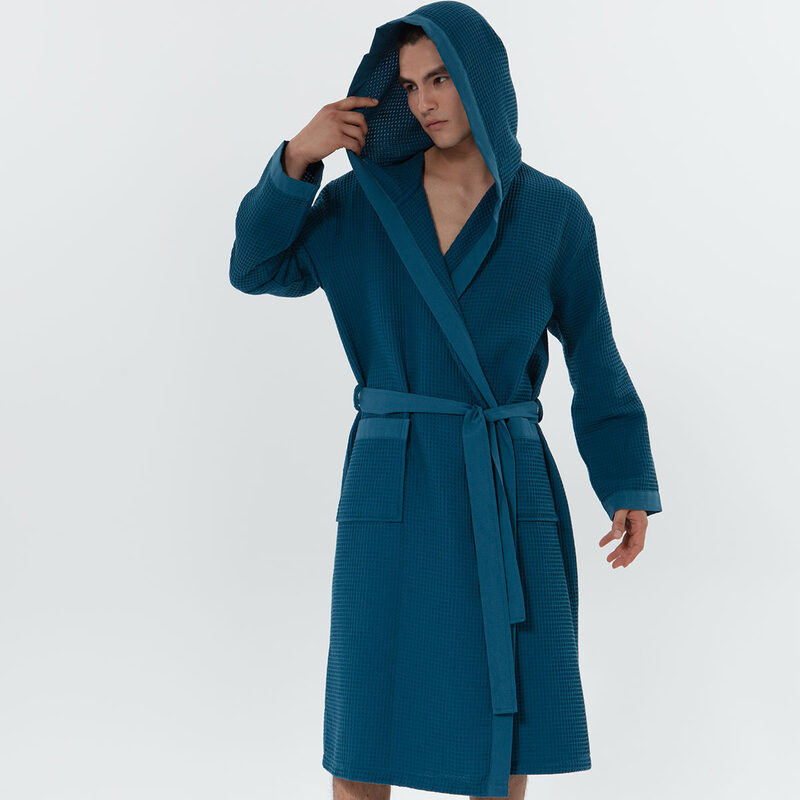 Men's Deep Aqua Blue Hooded Turkish Cotton Waffle Robe