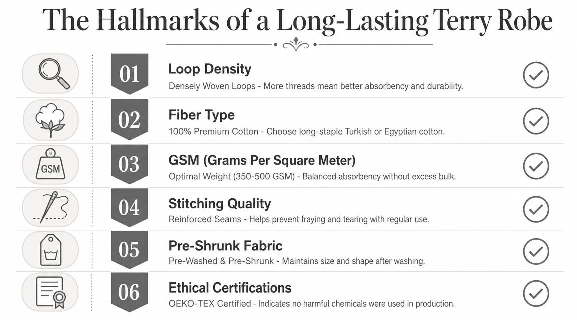 An infographic titled The Hallmarks of a Long-Lasting Terry Robe listing six key features for quality.