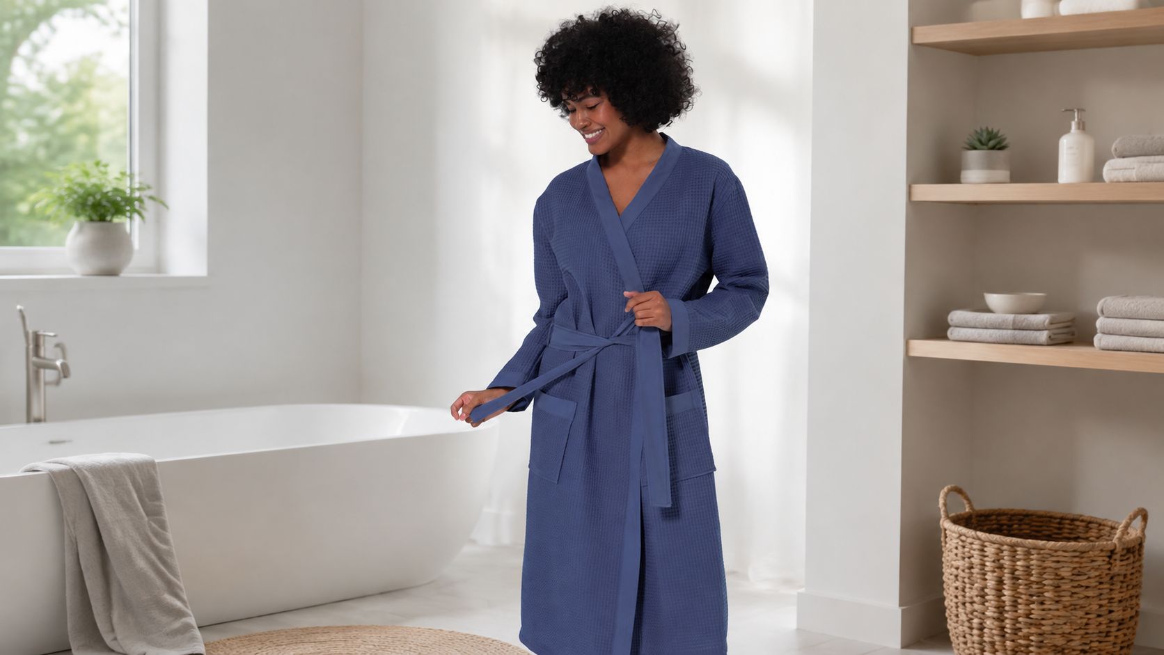 Women's Lavender Blue Lightweight Kimono Waffle Spa Robe