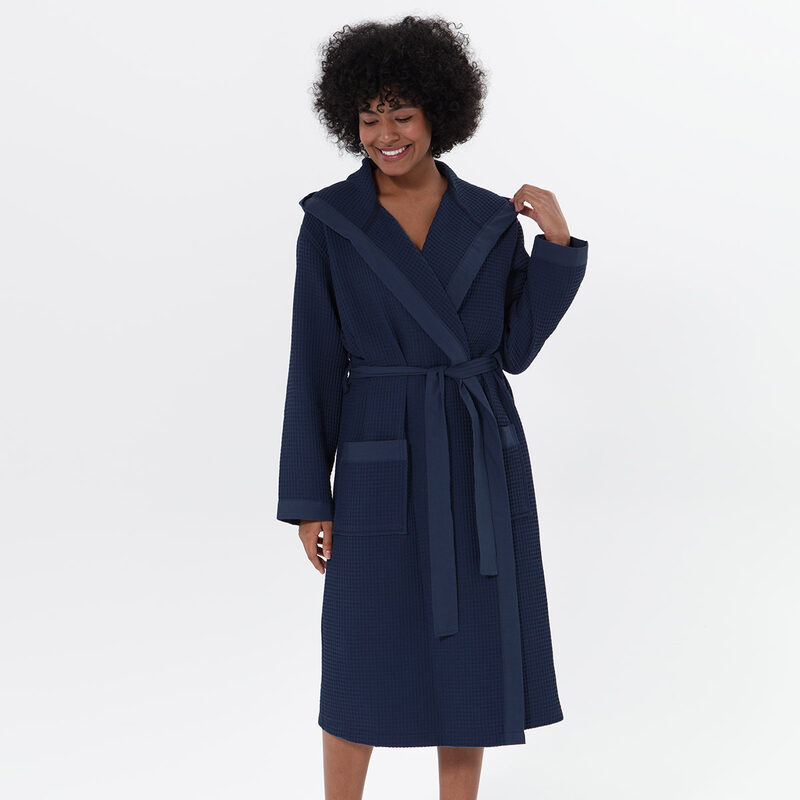 Women’s Navy Turkish Cotton Waffle Hooded Robe