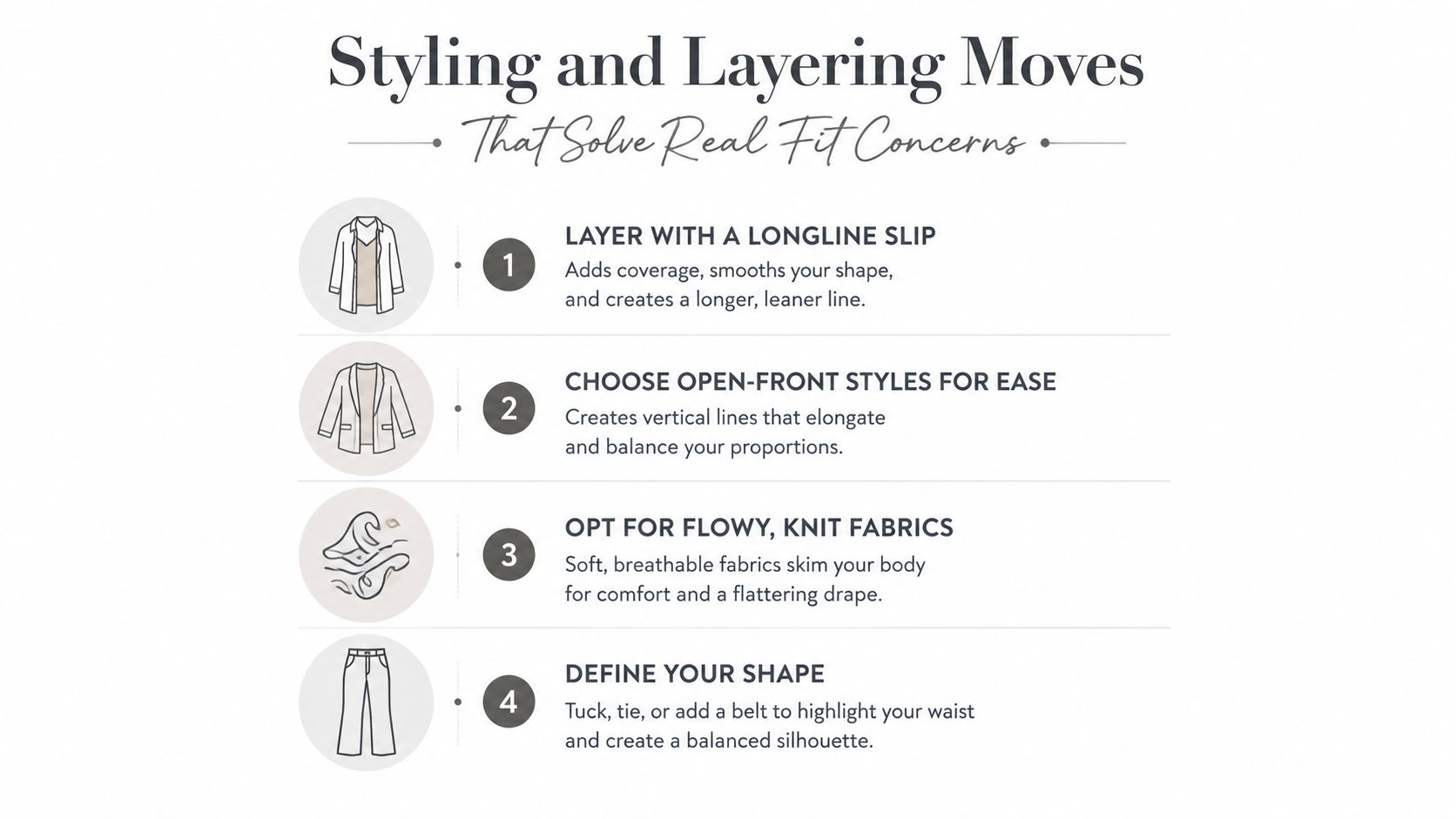 An infographic titled Styling and Layering Moves showing four fashion tips for body-flattering outfits.