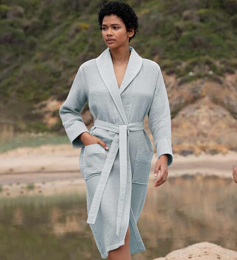 Women’s Blue Gray Lightweight Waffle Spa Robe with Shawl Collar
