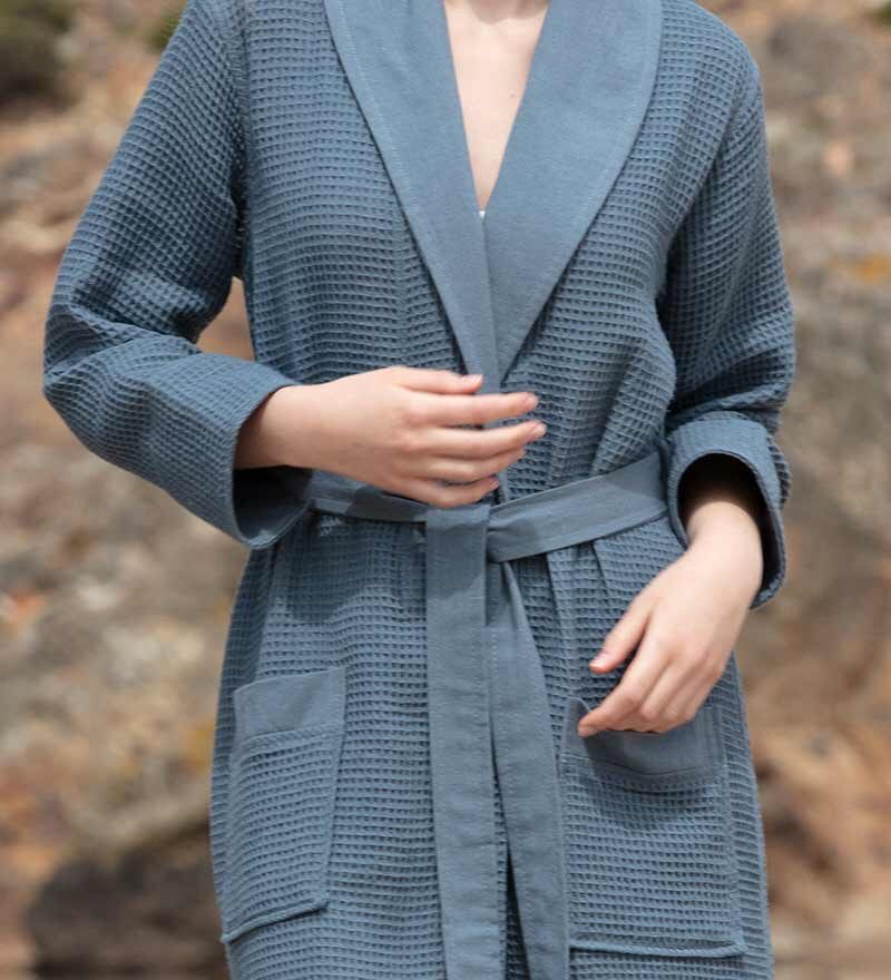 Women’s Indigo Blue Lightweight Waffle Spa Robe with Shawl Collar