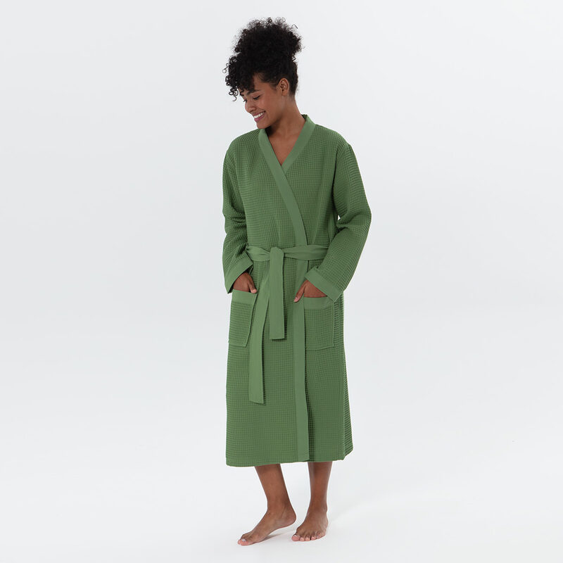 Women’s Green Lightweight Kimono Waffle Spa Robe