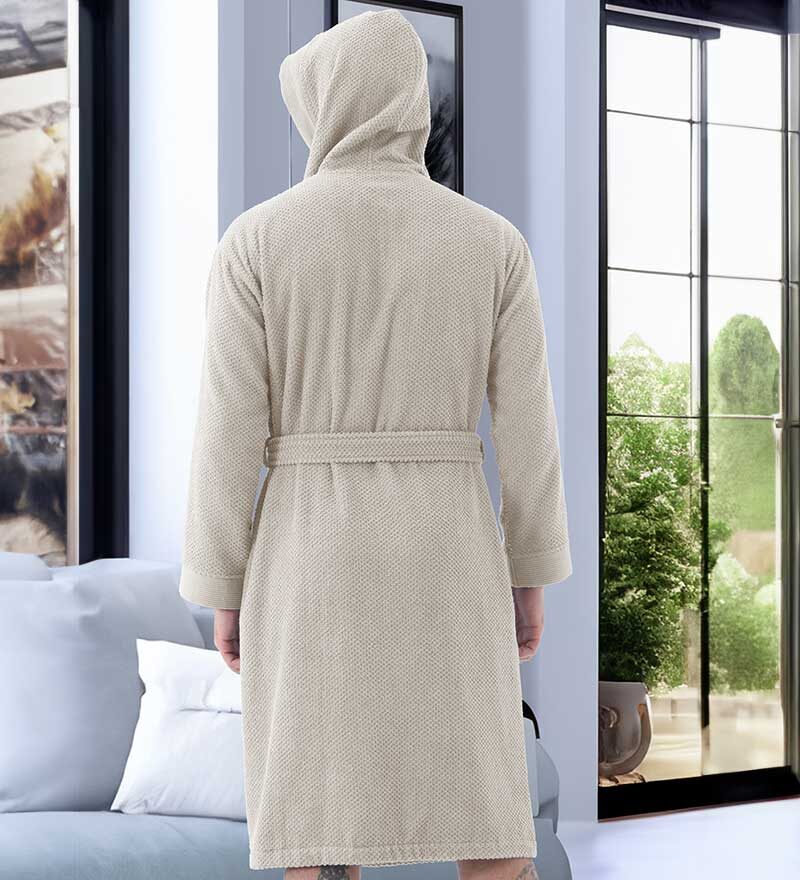 Men's Stone Beige Luxury Turkish Cotton Terry Cloth Robe with Hood