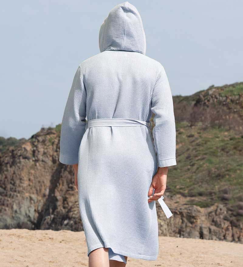 Men's Blue Gray Hooded Turkish Cotton Waffle Robe - Clearance Sale
