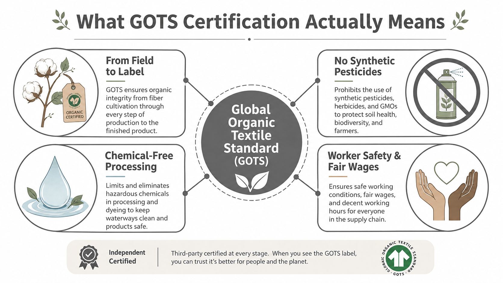 An infographic explaining the Global Organic Textile Standard certification for sustainable, eco-friendly textile and clothing production.