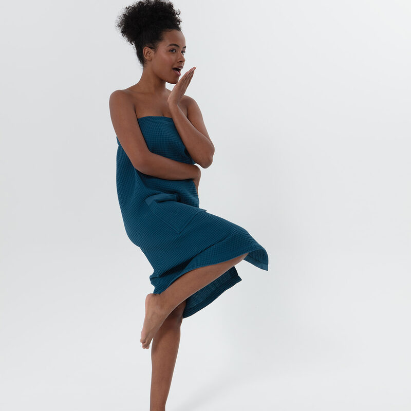 Women’s Deep Aqua Blue Organic Turkish Cotton Waffle Towel Wrap
