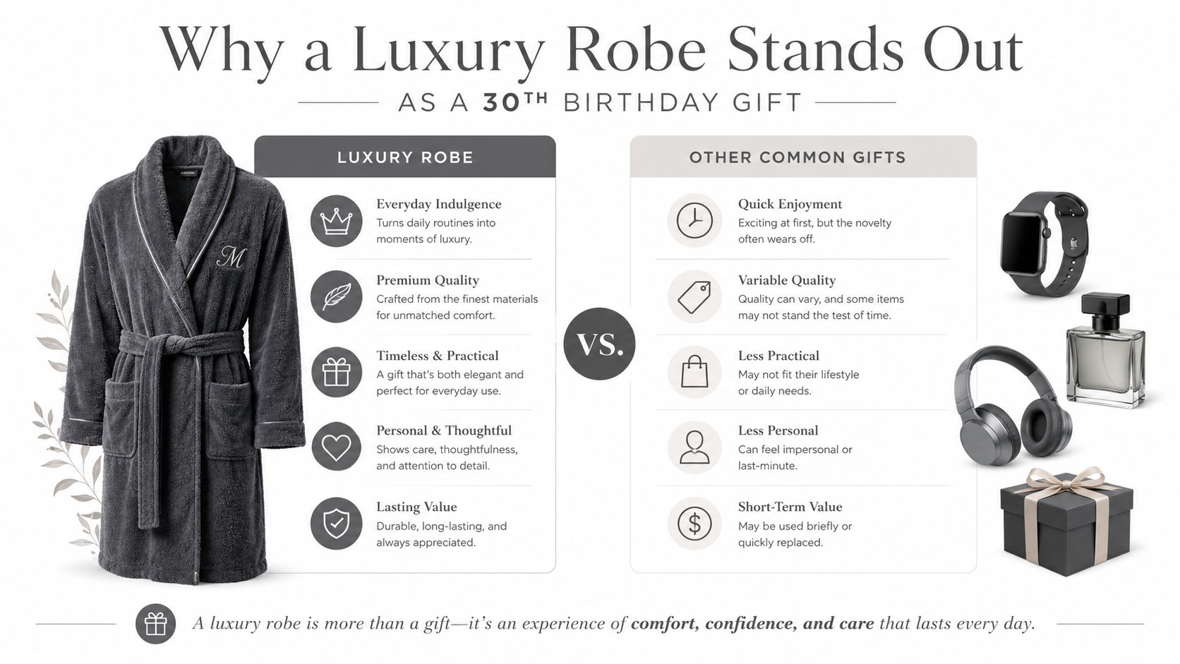 A comparison infographic highlighting why a luxury robe is a superior 30th birthday gift compared to common gifts.