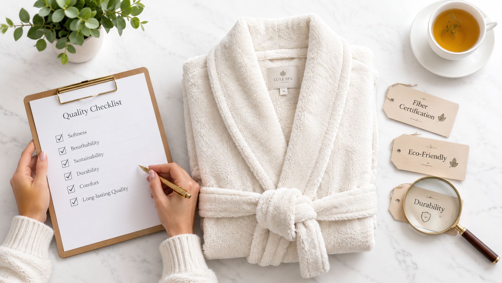 A person checking a quality checklist next to a folded cream-colored luxury spa robe on a table.