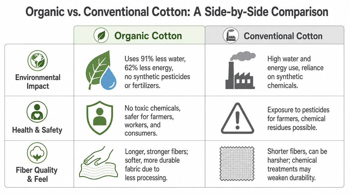 A comparison chart showing the environmental, health, and fiber quality differences between organic and conventional cotton.