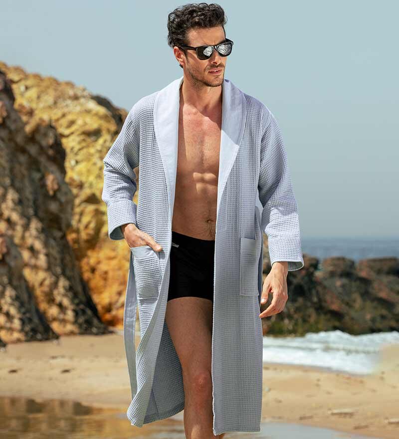 Men's Blue Gray Lightweight Waffle Spa Robe with Shawl Collar