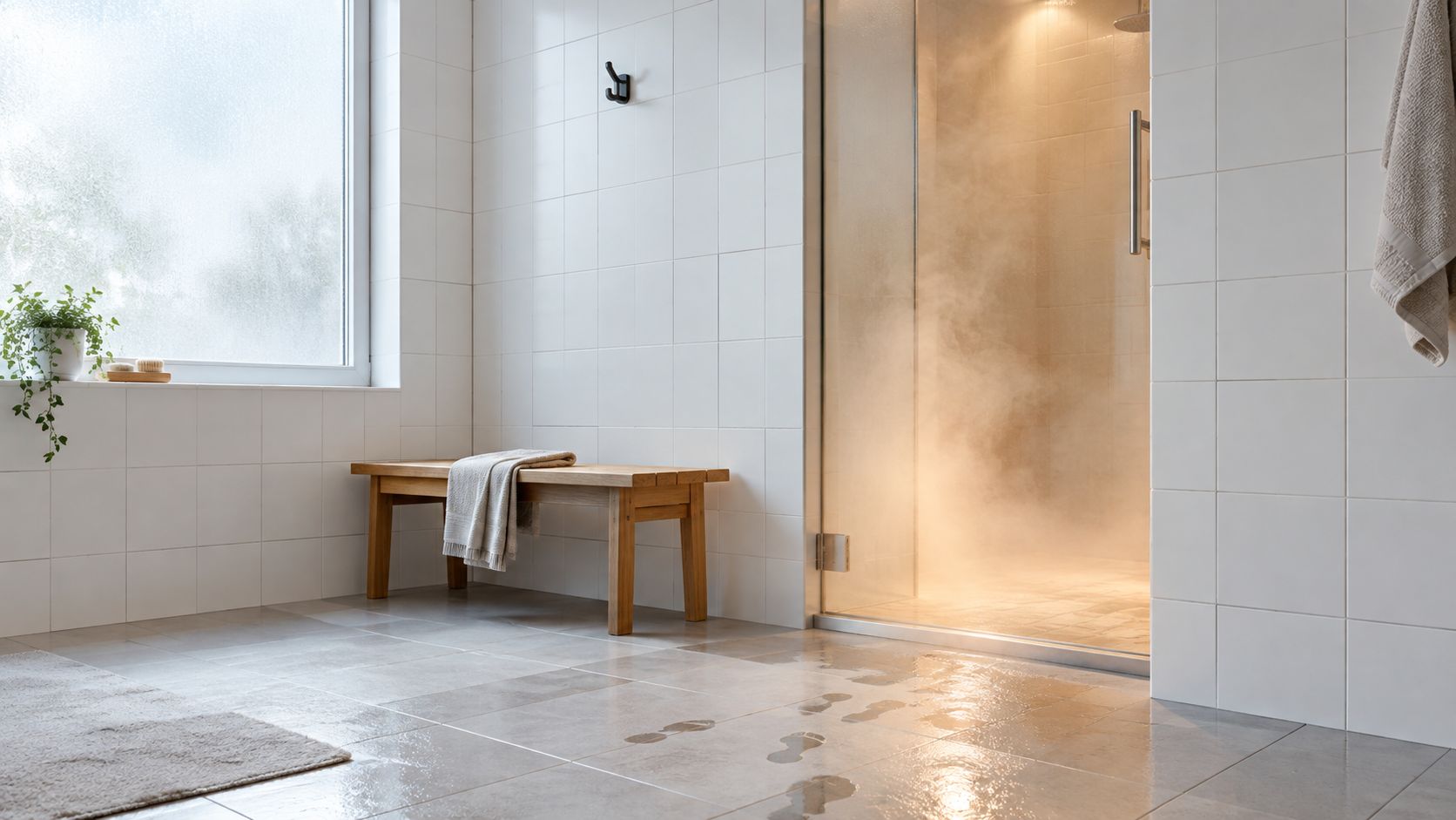 A minimalist white tiled bathroom with a steaming glass shower, a wooden bench, and wet footprints on tile.