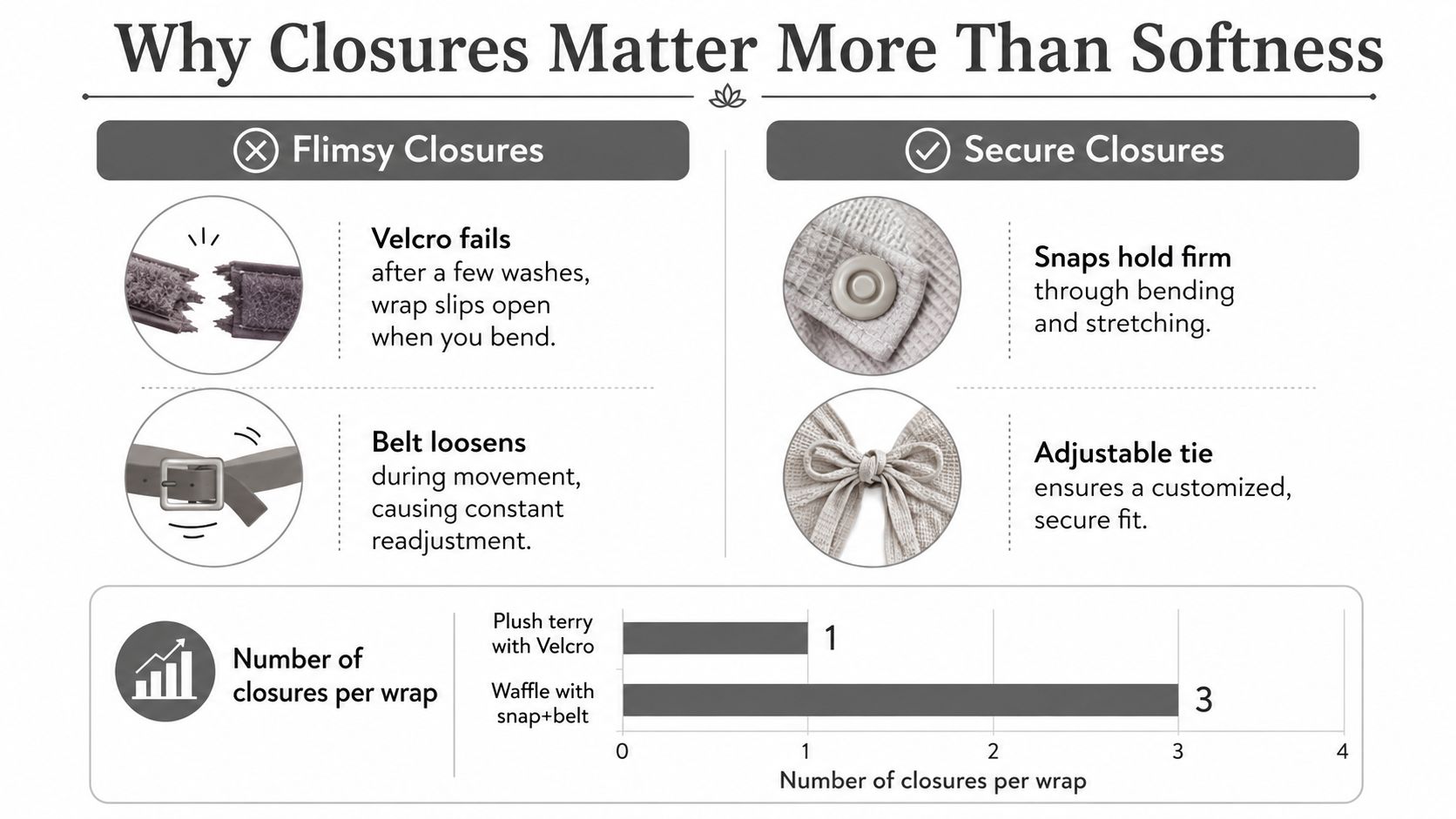 An infographic comparing flimsy velcro and belt closures versus secure snap and tie closures for bath wraps.