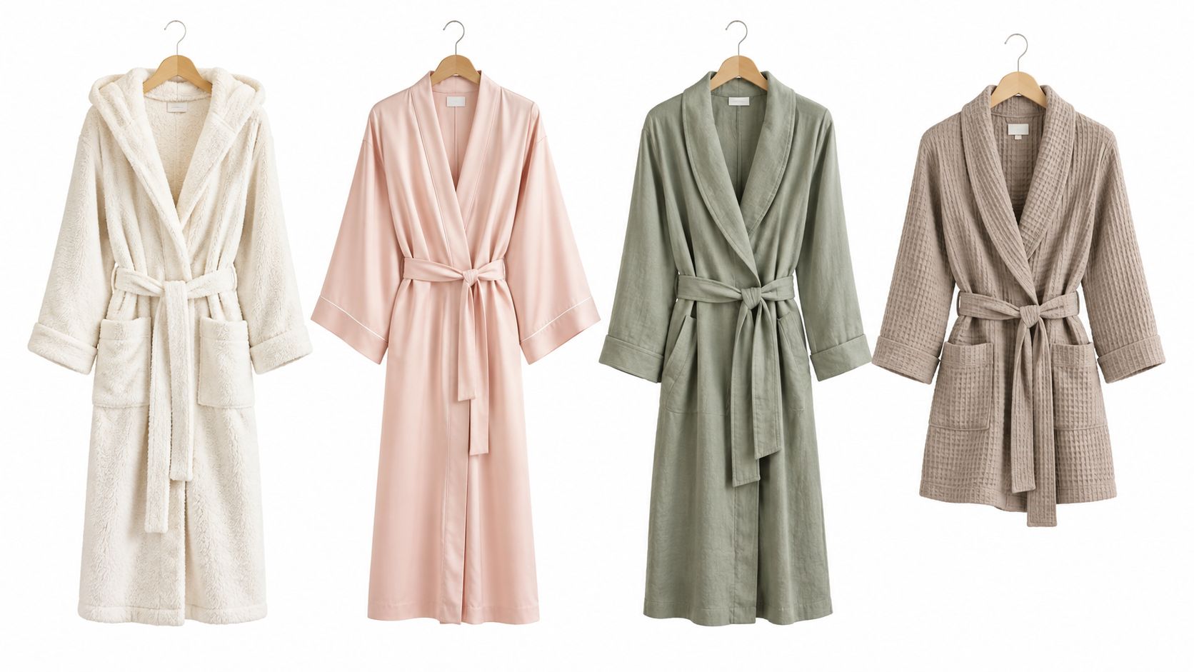 Four different styles of luxury spa robes hanging on wooden hangers against a plain white background.