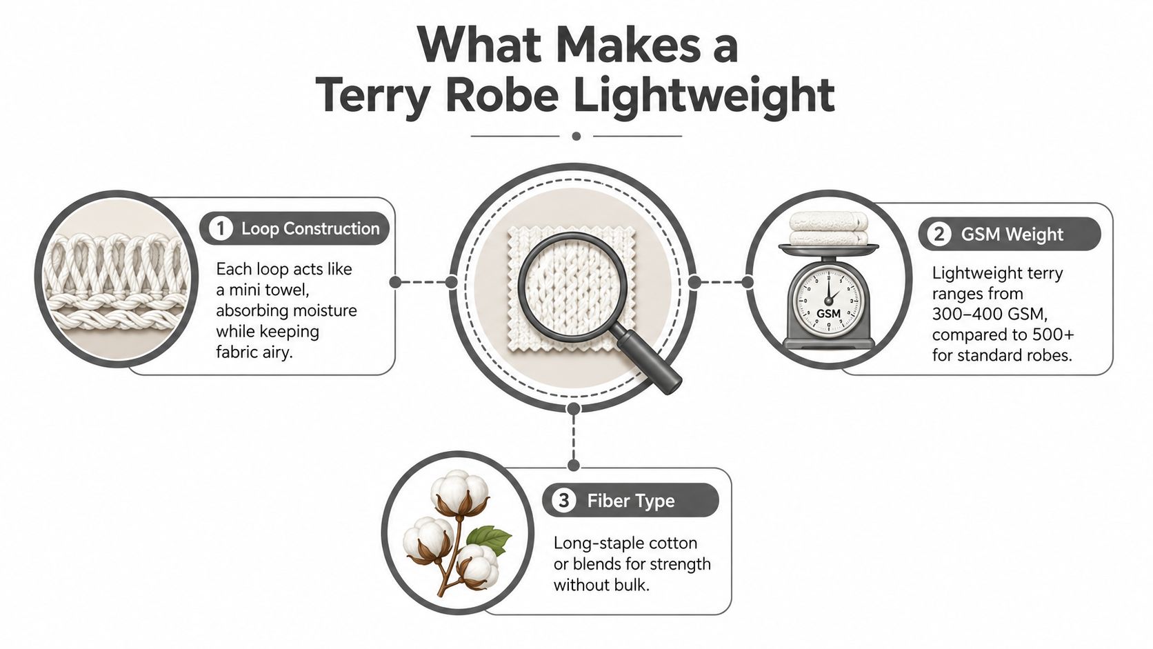 An infographic explaining the three factors that make a terry robe lightweight: loop construction, GSM weight, and fiber.