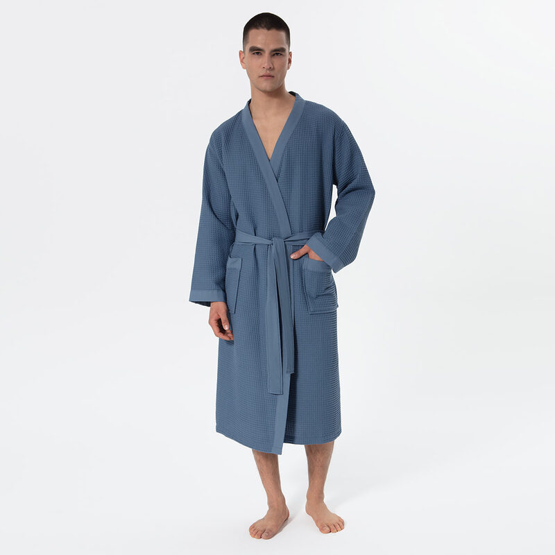 Men’s Indigo Blue Lightweight Kimono Waffle Spa Robe