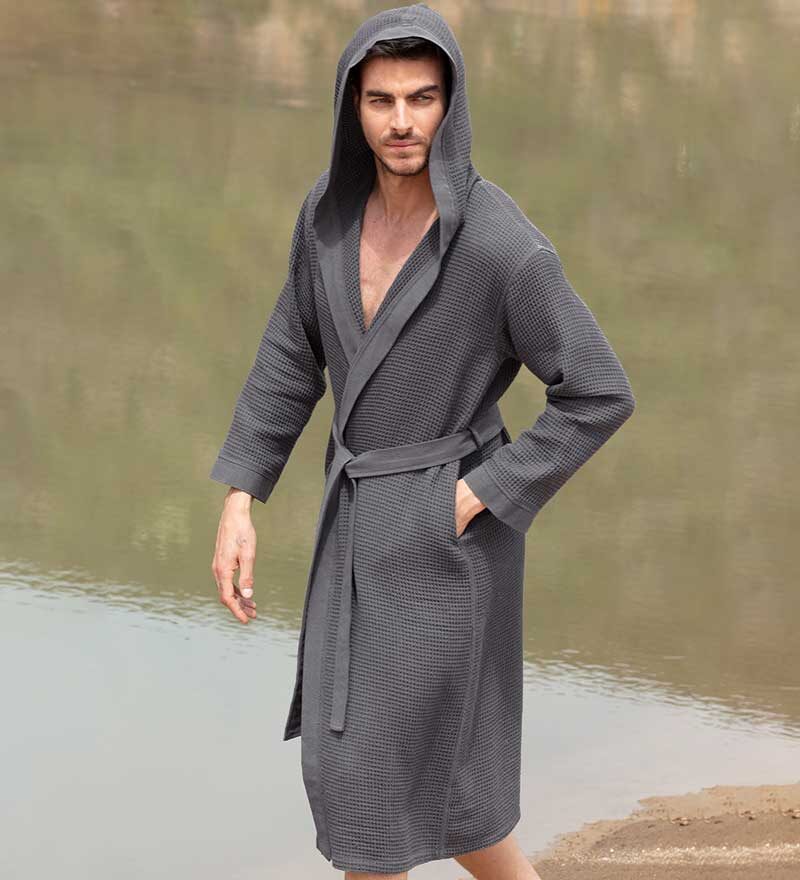 Men's Charcoal Hooded Turkish Cotton Waffle Robe - Clearance Sale