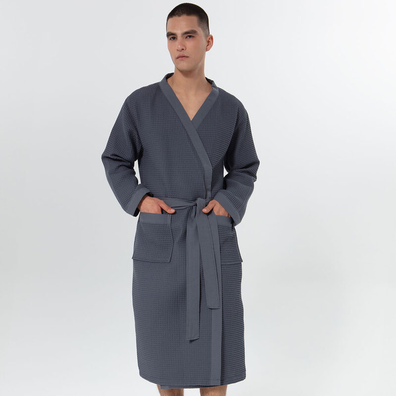 Men’s Charcoal Lightweight Kimono Waffle Spa Robe