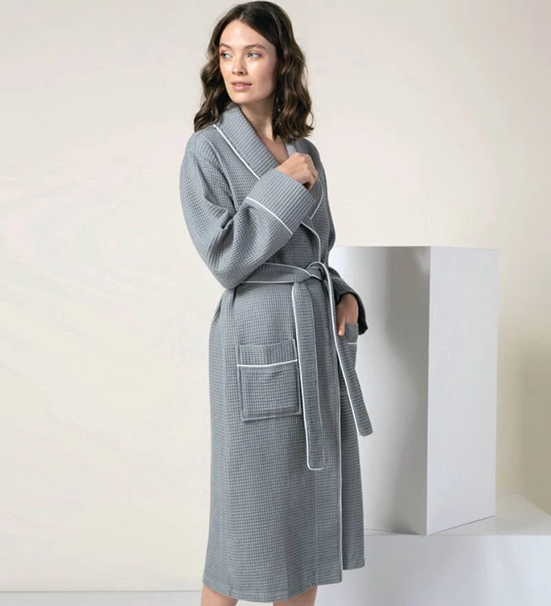 Women's Gray Full Length Waffle Hotel Robe